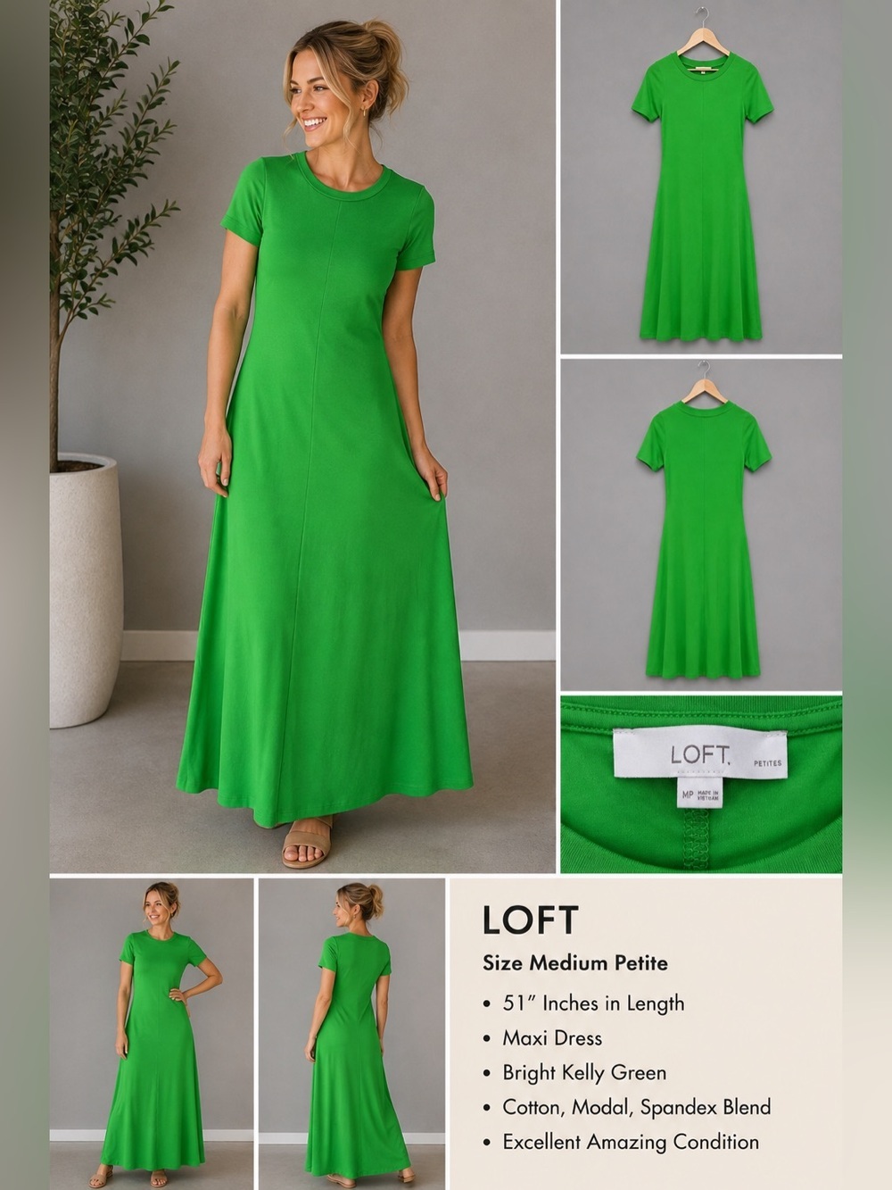 LOFT Petite Kelly Green Maxi Dress MP Cotton Modal Blend Short Sleeve 51” Length